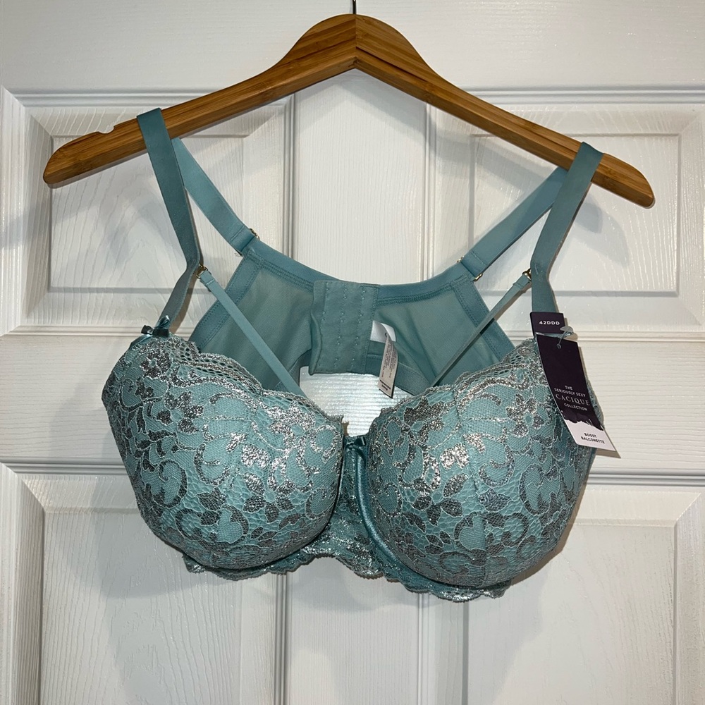 Cacique Teal Lace Underwire Bra with Silver Metallic Threading